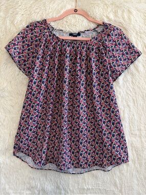 Chaps Womens Floral Peasant Short Sleeve Blouse L Blue Cottagecore Americana